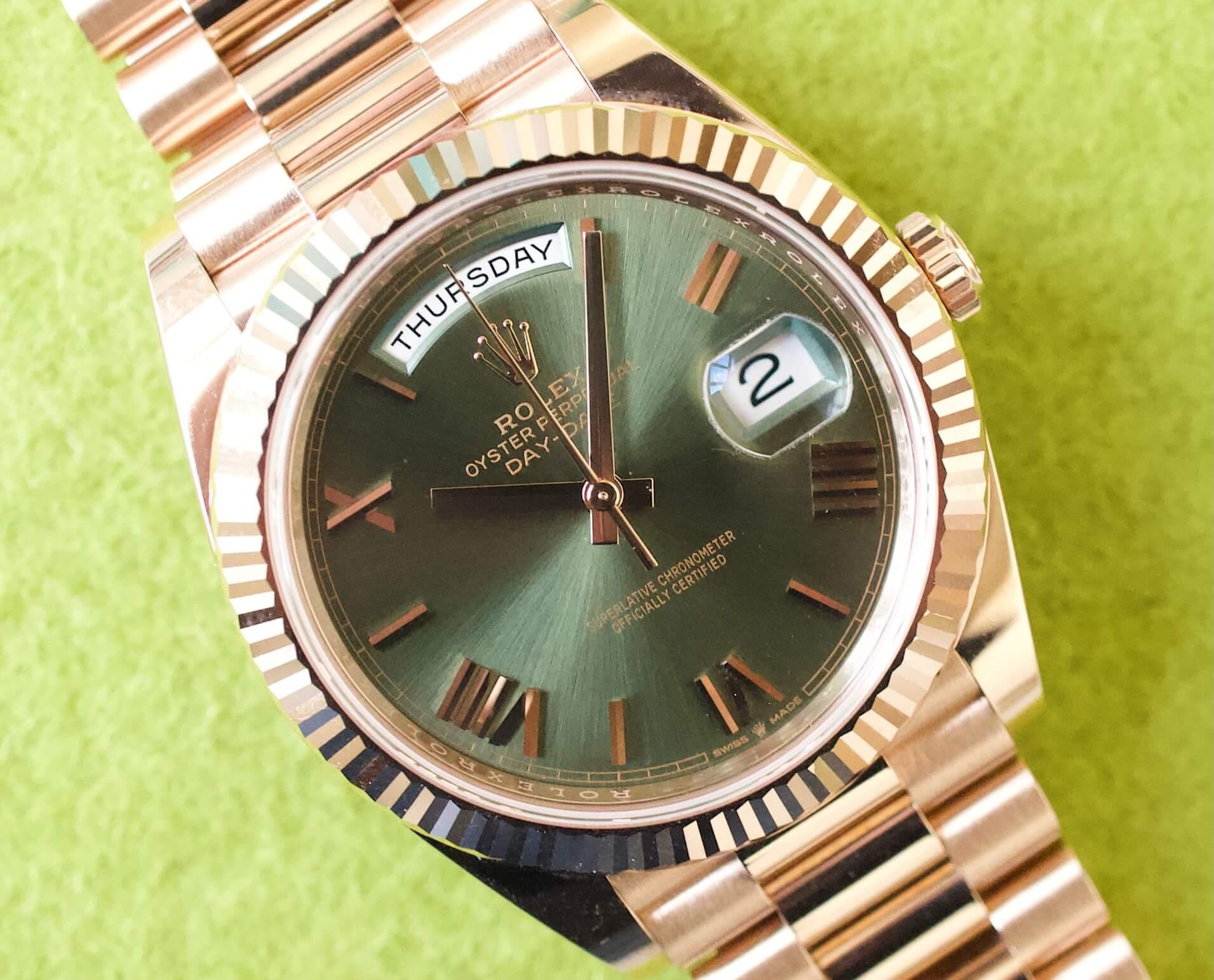 Rolex presidential rose sales gold green face