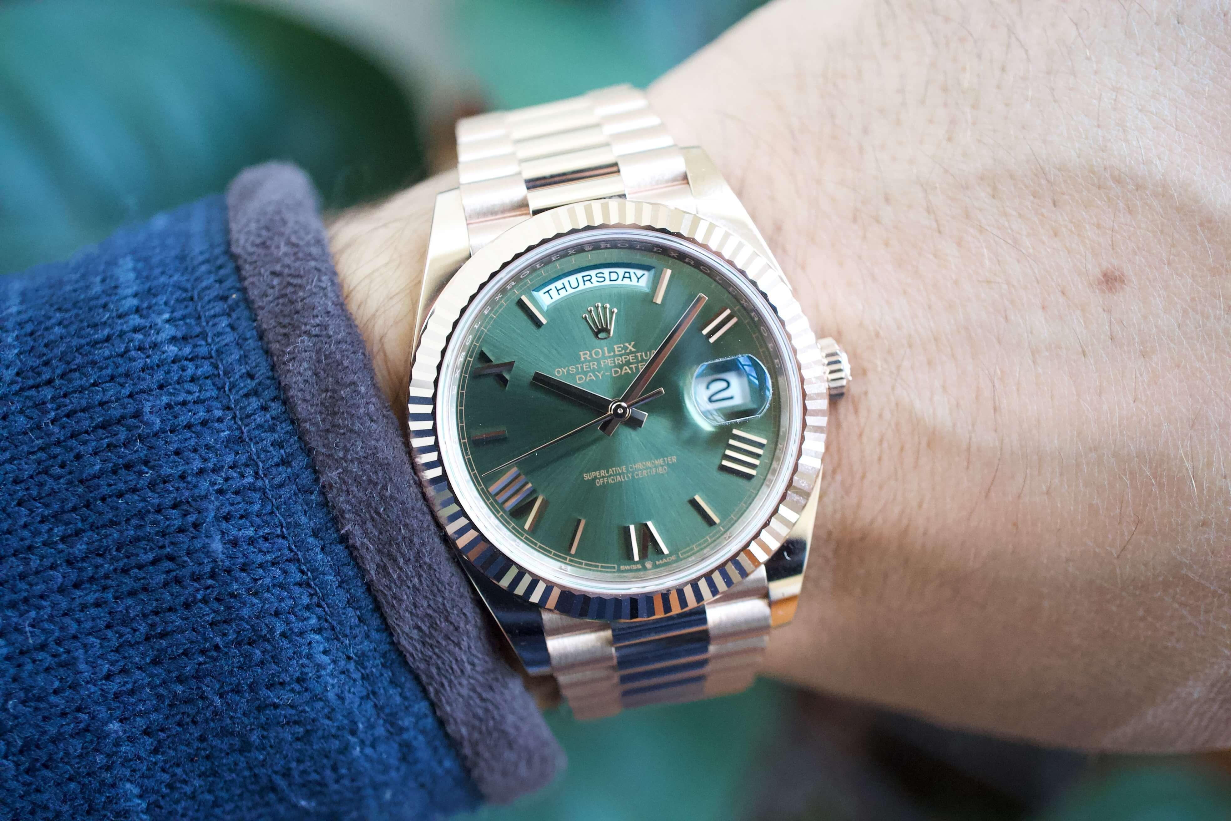 Rolex presidential rose gold green online face