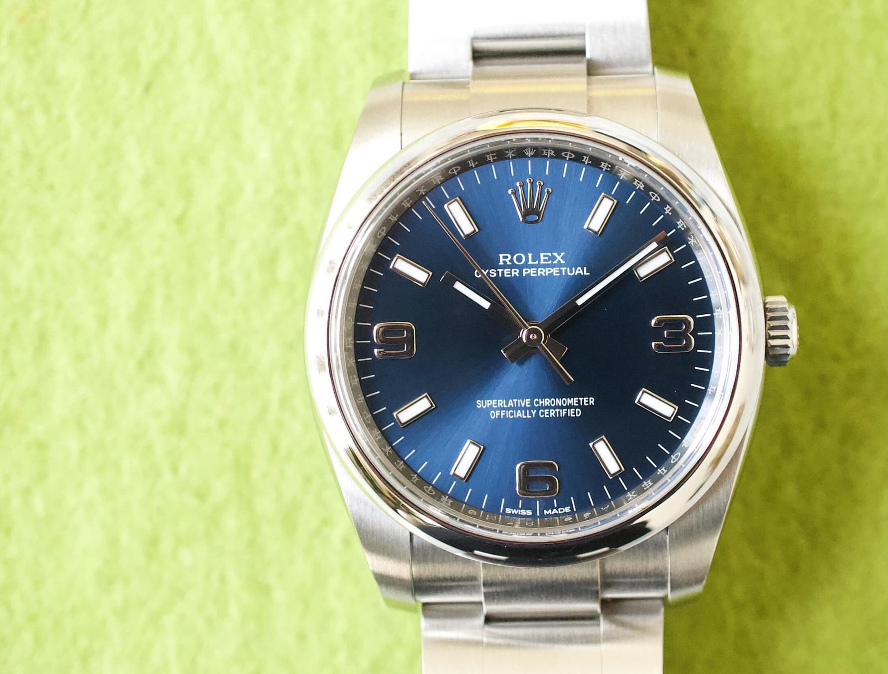 SOLDOUT: Rolex Oyster Perpetual 114200 34MM Blue Dial Oyster Bracelet Box and Papers 2020 - WearingTime Luxury Watches