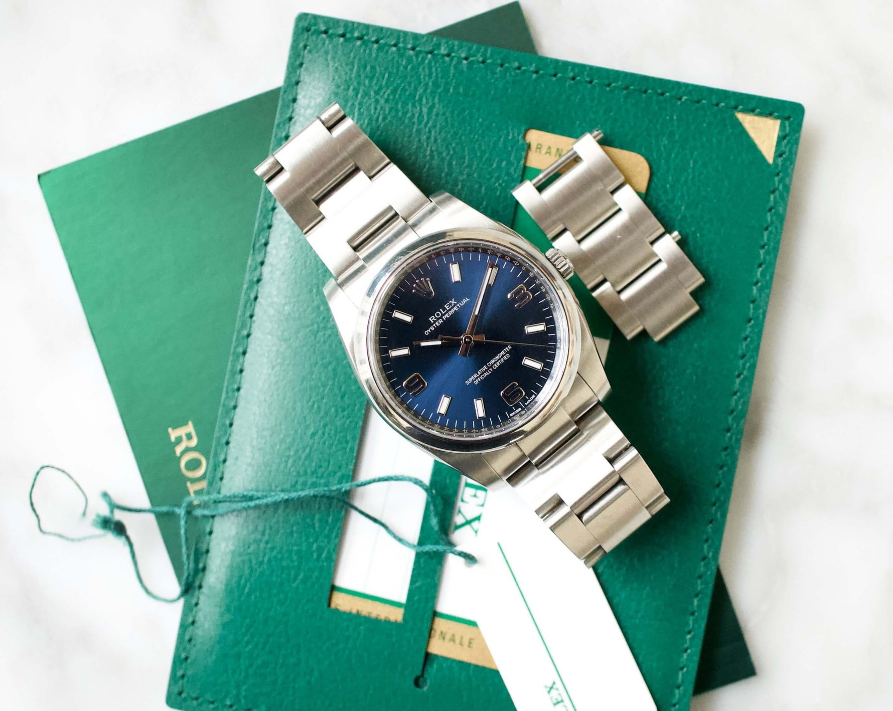 SOLDOUT: Rolex Oyster Perpetual 114200 34MM Blue Dial Oyster Bracelet Box and Papers 2020 - WearingTime Luxury Watches