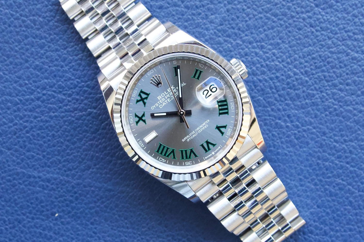 SOLD: ROLEX DATEJUST 36 WIMBLEDON Jubilee 126234 GREEN Rhodium ROMAN Box and Papers 18K Bezel - WearingTime Luxury Watches